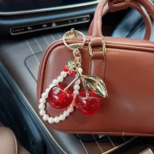 Cherry Pearl Keychain Wallet Charm, Boho Style Handbag Accessory, Women's Valentine's Day Gift, Fruits Pattern, 1 Piece