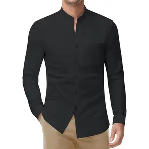 Men's Collarless Dress Shirt Banded Collar Long Sleeve Button Down Shirts Stretch Formal Tops with Pocket