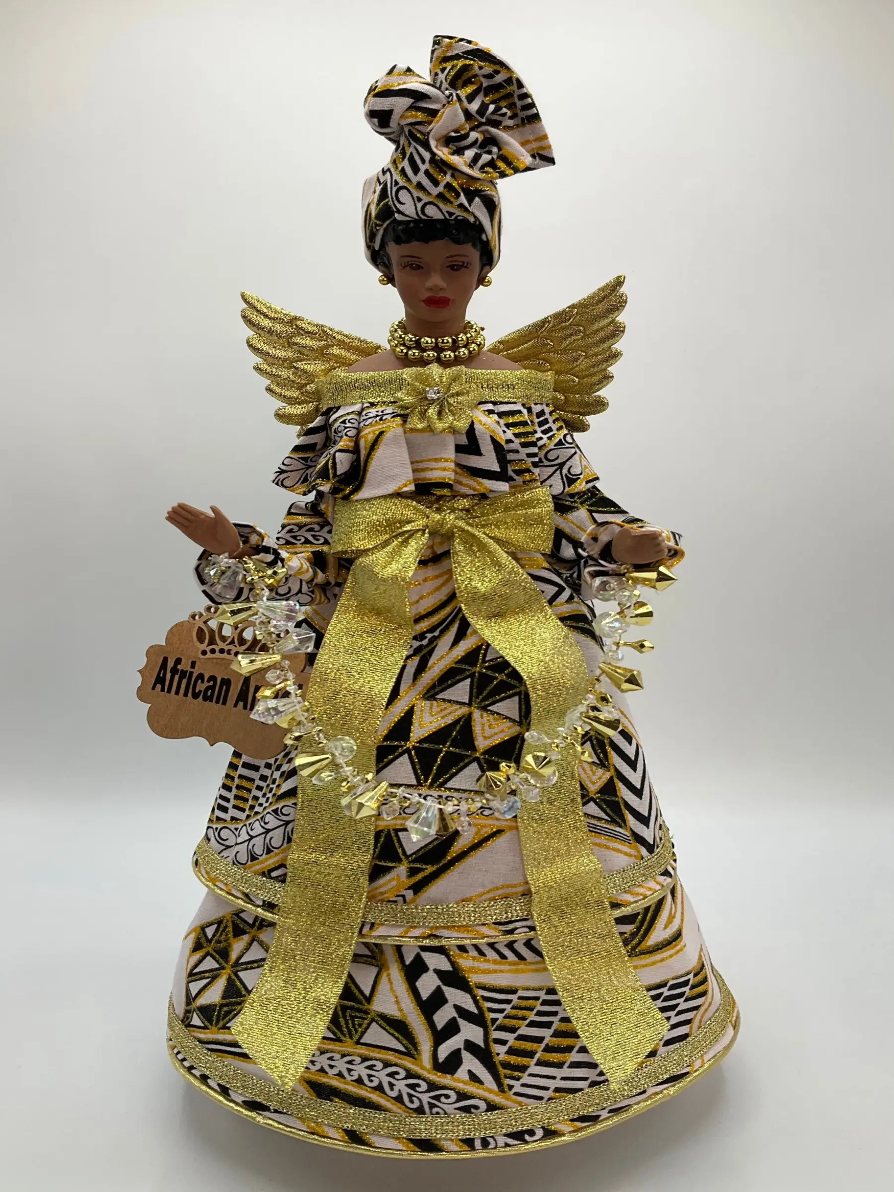 Angel Tree Topper, Gold Christmas Decor, Christmas Angels, Afrocentric Angel Tree Topper, Black Angel - Ankara White, Black and Gold