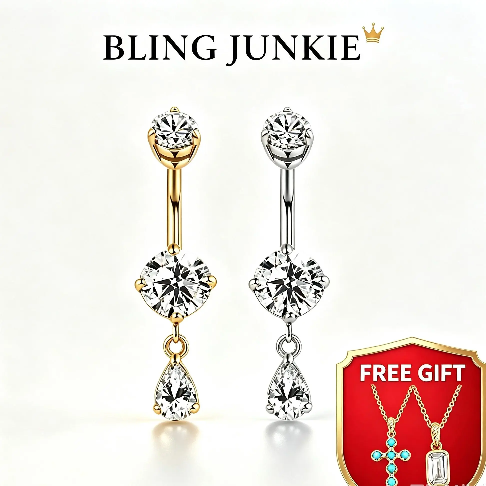 Double Round Crystal Teardrop Dangle Belly Button Ring, Titanium Steel Navel Piercing Jewelry, Gold & Silver Two‑Tone Option, Trendy Body Accessory, FREE GIFT Cross Pendant Necklace Included