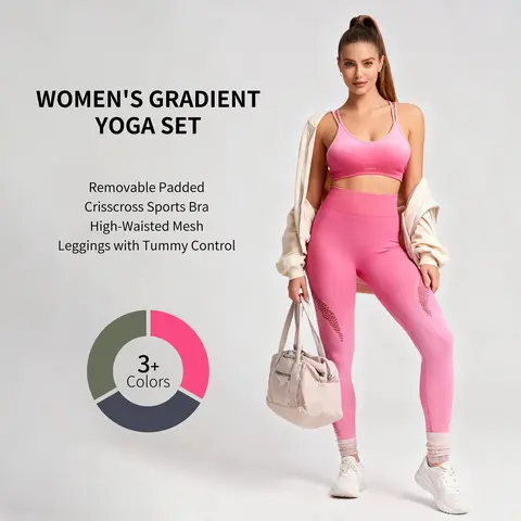 SHAFITS Women's 2-Piece Gradient Workout Set - Removable Padded Crisscross Bra, High Waisted Mesh Tummy Control Leggings for High Intensity Gym, Yoga Clothes, Sleeveless Top, All-Day Wear Set