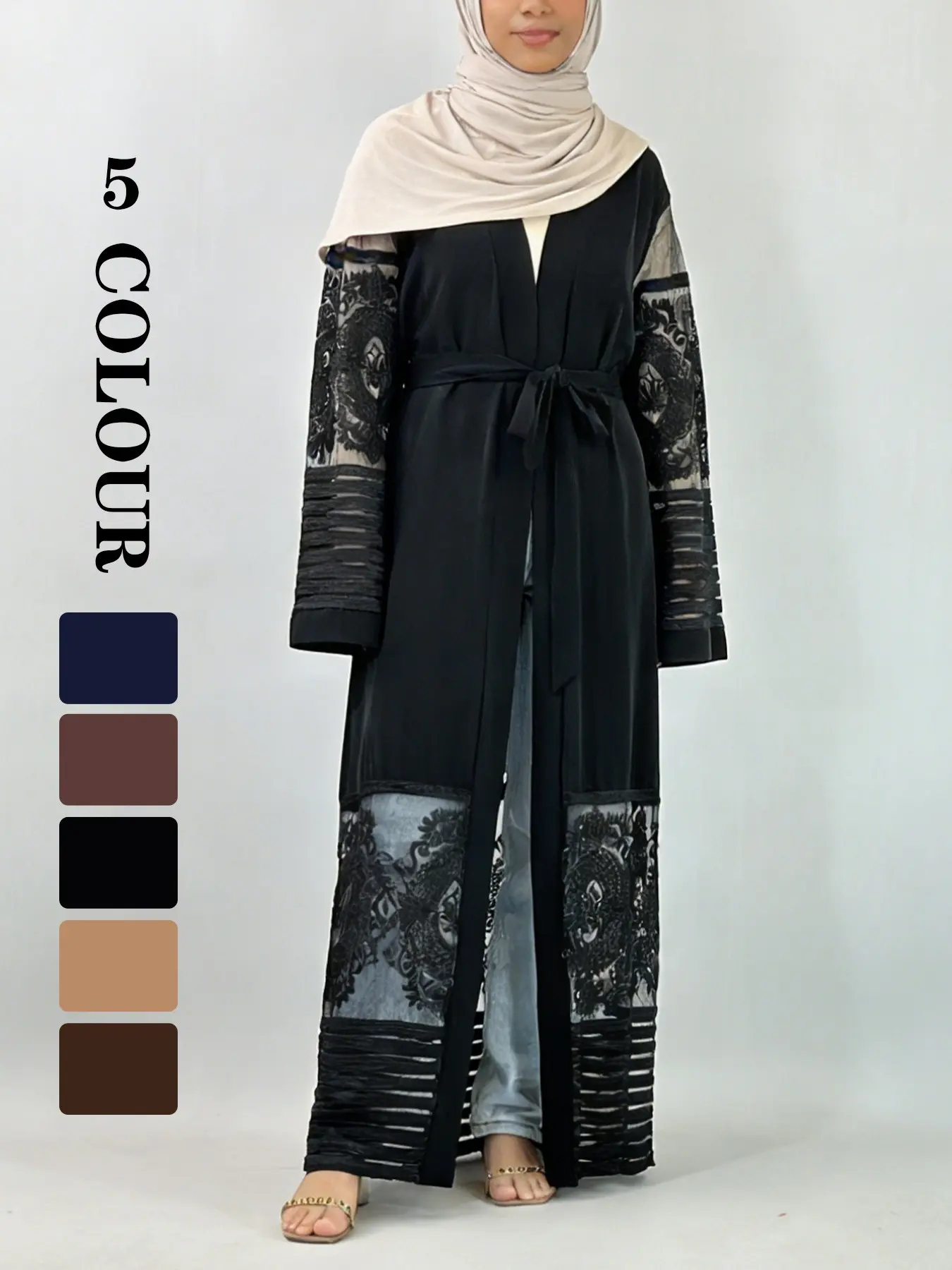 OOTD High-Quality Nida Material Women Muslim Eid Abaya, Islamic Abaya, Striped Hollow Lace Pocket Design, Comfortable Open Front Coat, Casual Fashion, Muslim Clothing, Abayas for Eid, Modest Muslim Outfits [Does not include inner and hijab]