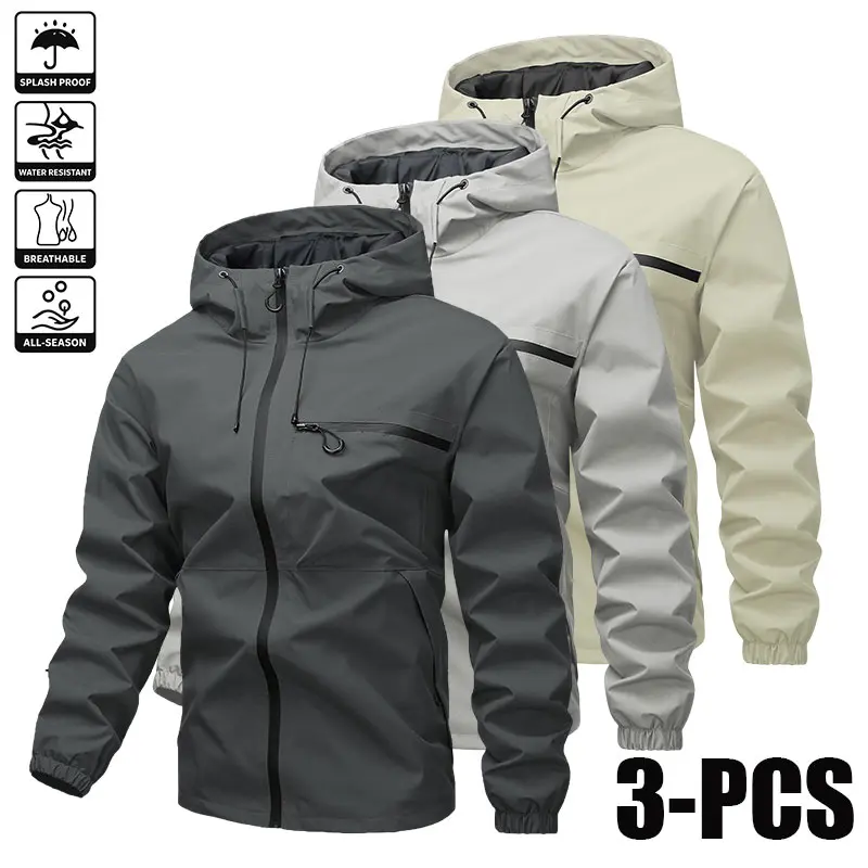 Fashionable men’s zip-up jackets, 3-pack—waterproof hooded jackets with multiple pockets, outerwear suitable for travel, camping, and outdoor wear.