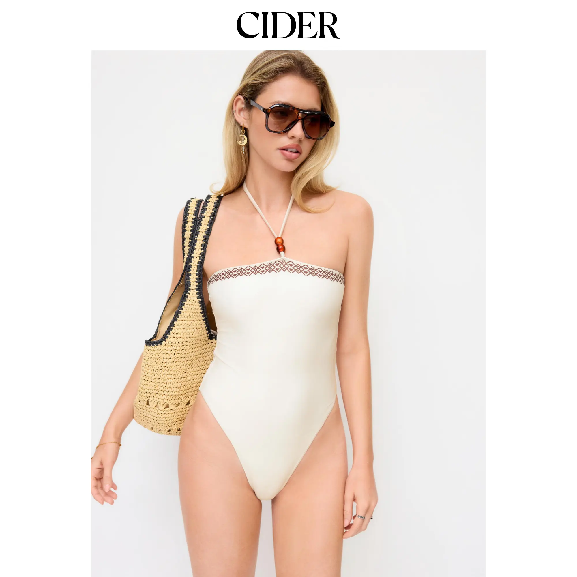 Cider Halter Neckline Geometric Bead Detail One Piece Swimsuit