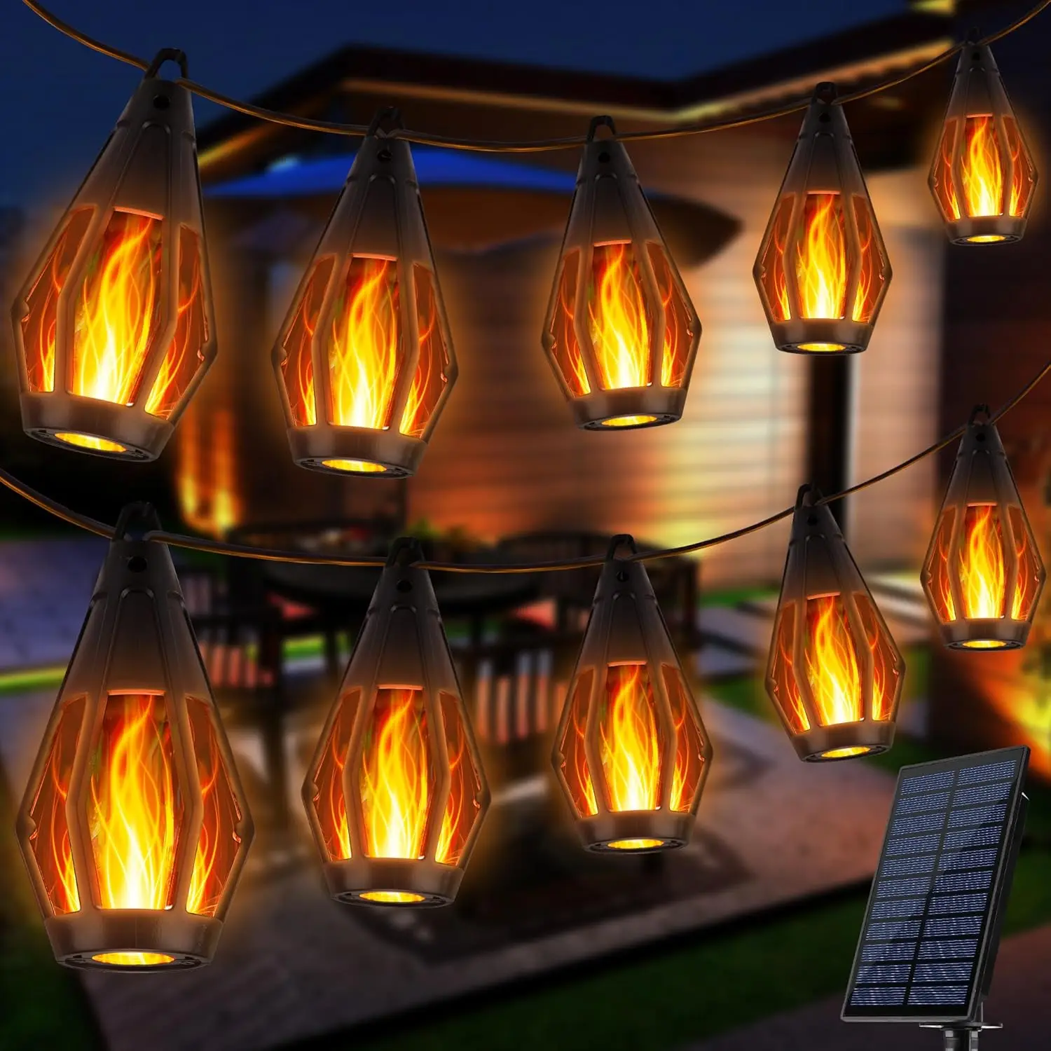 Solar Flame Lights, 27Ft 10 LED Bulbs Flickering Flame String Light, Outdoor Waterproof Solar Flame Lights for Garden Yard Lawn Patio Decorations (Warm White)