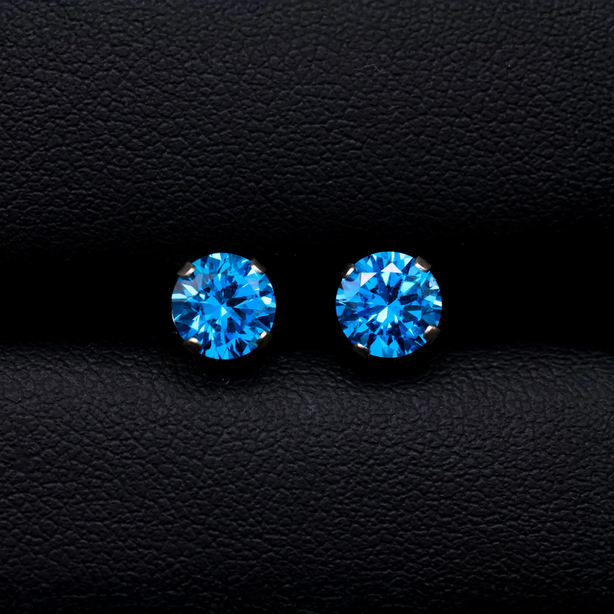 6mm Round Blue Topaz CZ Stud Earrings - 925 Silver