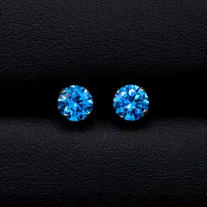 6mm Round Blue Topaz CZ Stud Earrings - 925 Silver