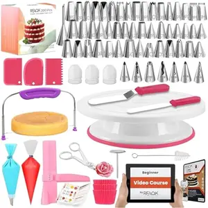 200PCs Cake Decorating Kit with Cake Turntable & Leveler, Baking Supplies Gift Includes 110+1 Piping Bags,55 Icing Tips,2 Frosting Spatulas, Adjustable Scraper, Video Tutorial, Booklet & more,Happy Mothers Day