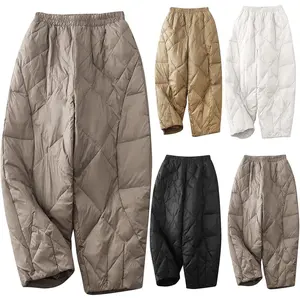 Winter Quilted High-Waisted Pants,Windproof Quilted Padded Down Pants For Women Thicken Winter Warm Loose Wide Leg Snow Ski Pants With Pockets,Lightweight Straight-Leg Baggy Pants
