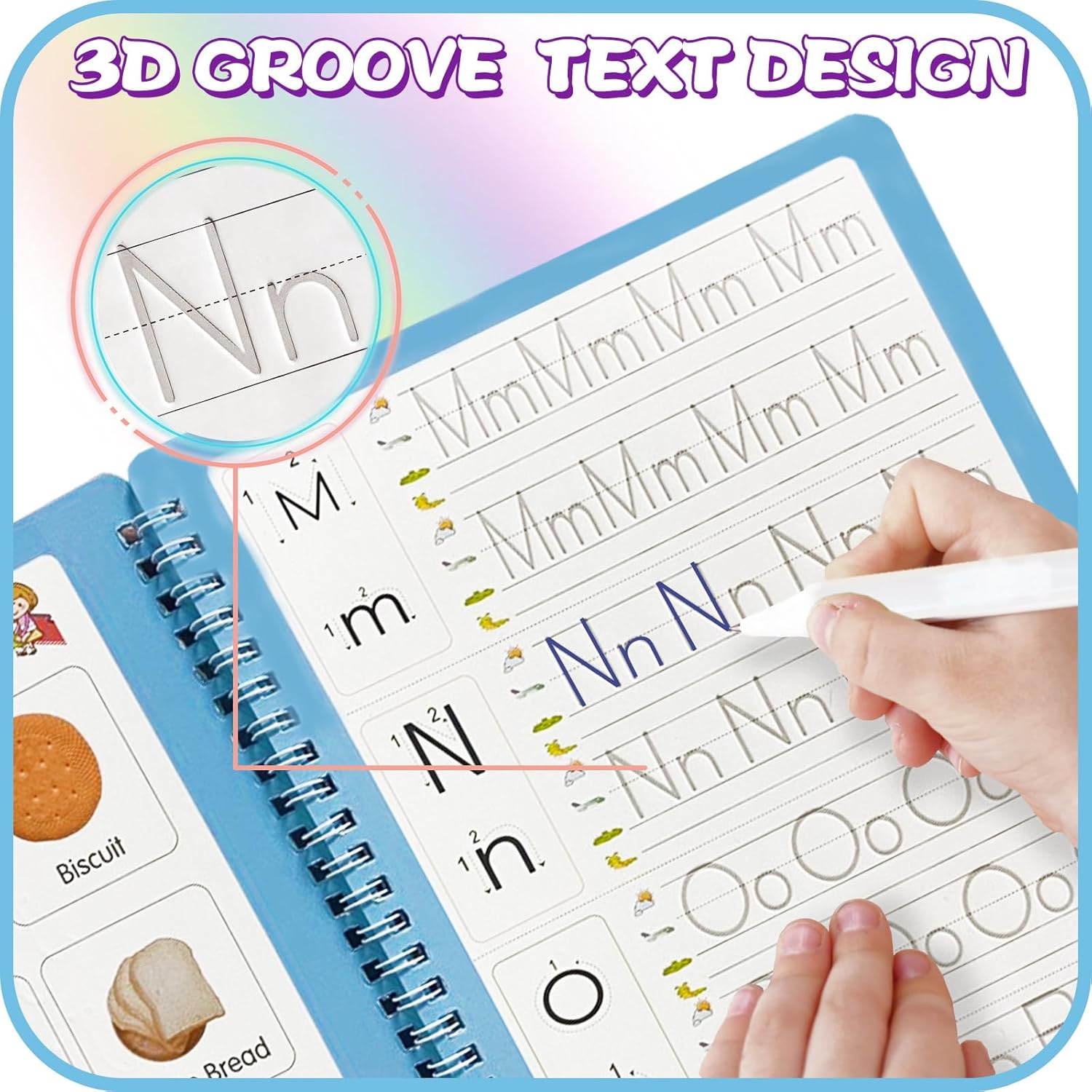 Magic Ink Handwriting Practice Books Set for Kids - 4 Reusable Grooved Letter Tracing Books with Cartoon Pen, Pen Holding Aid & 10 Refills Student Essentials