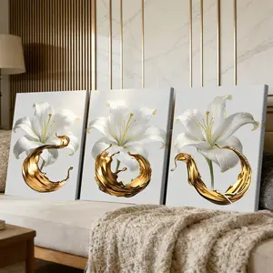 3 Counts Wooden Framed Canvas Painting, Elegant White Lily And Golden Liquid Art Images, Exquisite Poster, Perfect Gift, Decor For Living Room, Bedthroom, Modern Art, Fashion Family Poster, Wall Art Decoration