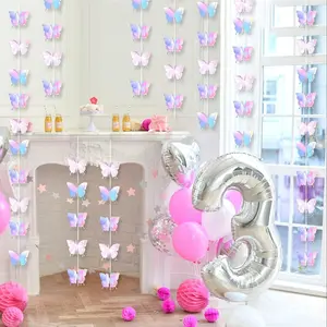 48pcs Laser Silver Butterfly Paper Flag Garlands, Party Birthday Wedding Decorations, Butterfly Flower Party Supplies
