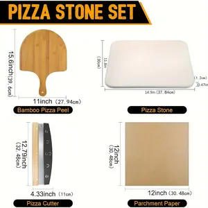 4 PCS Rectangle Pizza Stone Set, 15" Large Pizza Stone for Oven and Grill with Pizza Peel (OAK), Pizza Cutter & 10pcs Cooking Paper for Free, Baking Stone for Pizza, Bread, BBQ