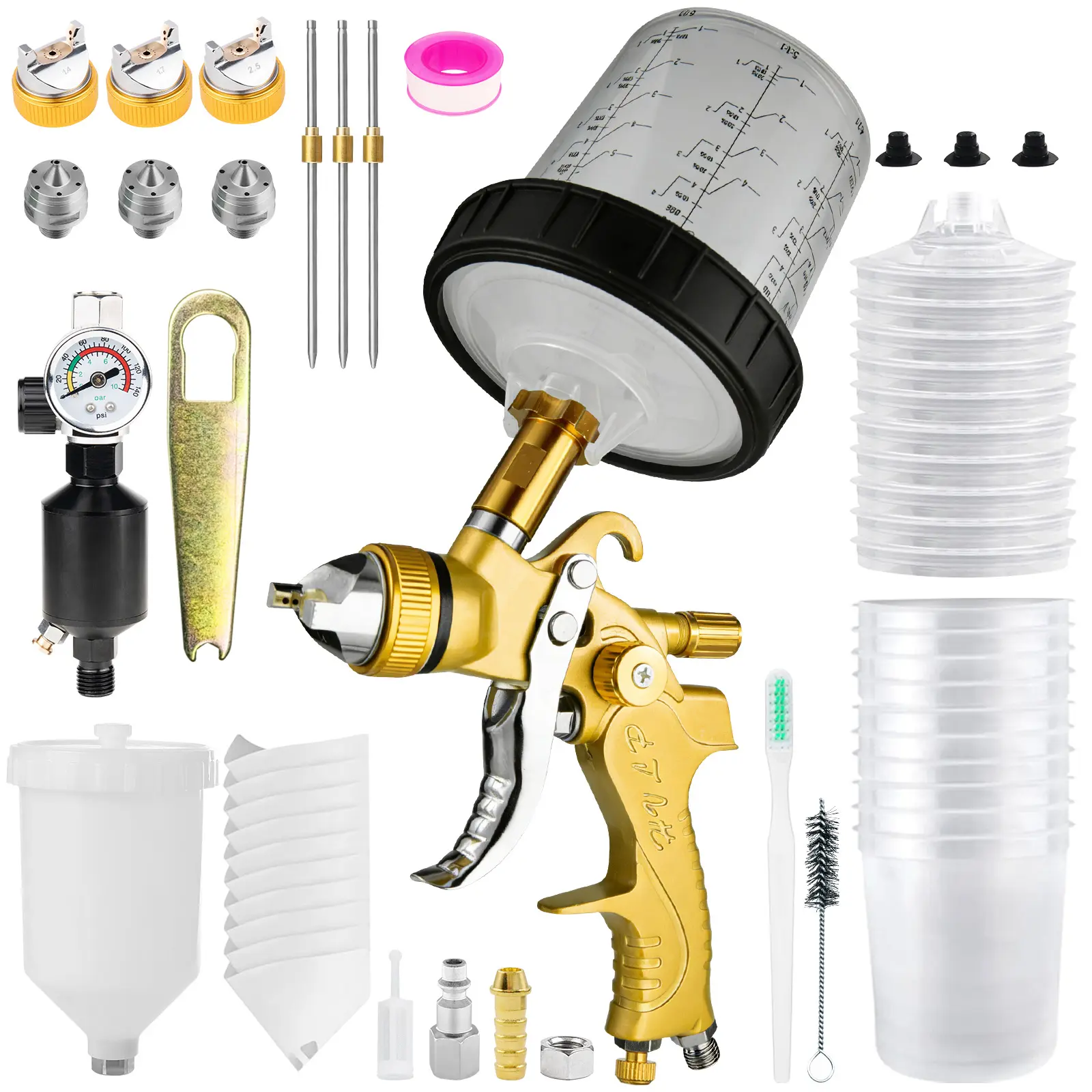 HVLP Spray Gun Kits with 1.4/1.7/2.5mm Nozzles & Air Compressor Regulator, 2 Set Cup Automotive Paint Guns with 10x 650ml Disposable Paint Cups, Paint Sprayer for Cars, House, Furniture (Yellow)