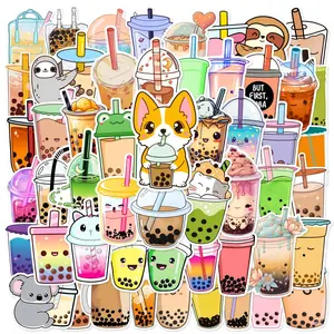 Cartoon Fresh Milk Tea Series Decorative Sticker, 50pcs Creative Waterproof Sticker For DIY Scrapbook Luggage Decoration, Self-adhesive Naughty Stickers, Funny Stickers