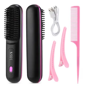 3-Level Temp Adjustable LCD Wireless Hair Straightener Brush Multi Styler | TYPE-C Charging Anti-Scald | Ceramic Coating Hair-Friendly | Portable Styling