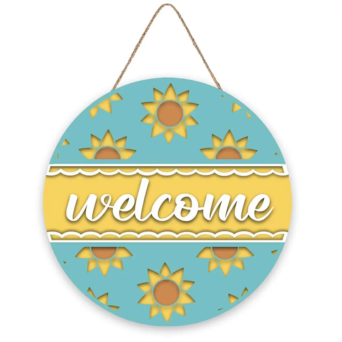 Front Door Sunflower Welcome Sign, Farmhouse Vintage Summer Wooden Door Decor, Rustic Outdoor Hello Wall Art Hanging for Porch Garden Fence Shop Restaurant (12x12'')