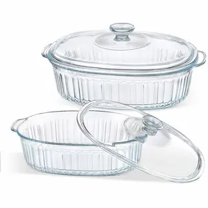 Elegant Glass Casseroles with Lids Set, Ribbed Oval Roaster, Transparent Covered Cookware, Versatile Deep Glass Food Containers, 50oz & 85oz, for Baking, Cooking, Oven & Microwave Safe, with Ideal for Desserts, Chicken, Pasta, for Holidays