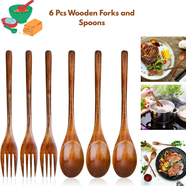 6-Piece Durable Bamboo Wooden Cutlery Utensil Set - Reusable Forks, Spoons, Everyday Home Dinner Serving Utensils for Kitchen Cooking, Eco-Friendly Living Essentials