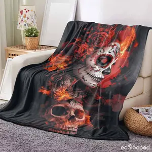 Ecoloooped Sugar Skull Flannel Blanket Day of the Dead Floral Pattern Warm Cozy Soft Lightweight Perfect Halloween Decor Living Room Bedroom Dorm Gothic Gift Dia de los Muertos Celebration