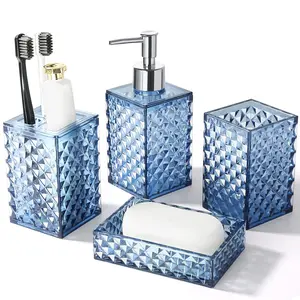 Bathroom Accessories Set, 4 Pack Blue Acrylic Bath Accessory Sets Complete, Diamond Soap Dispenser and Toothbrush Holder Bathroom Counter Sink Set, Boho Modern Bathroom Decor