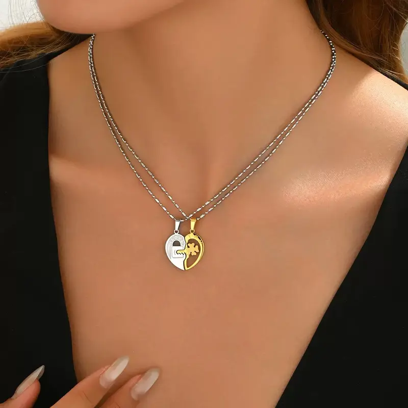 Gold-plated couple Heart Lock Necklace – Titanium Steel Matching Set