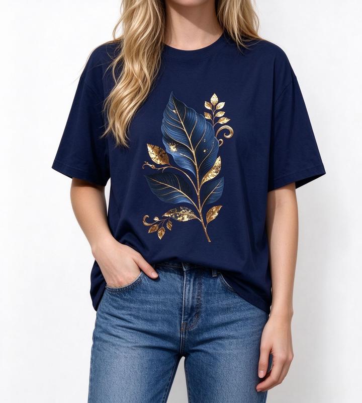 Women's Comfortable Golden Foil Leaf Print Cotton T-Shirt - Casual Loose Fit Boho Crewneck Top for Spring, Fall, Beach & Daily Matching, Trendy Vintage Aesthetic
