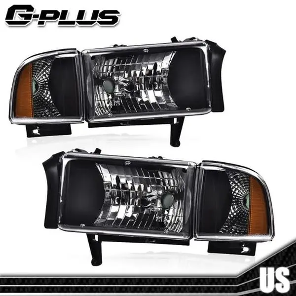 G-PLUS Headlights for 94-02 Dodge Ram 1500 2500 3500 Smoke Lens Clear Corner Headlights