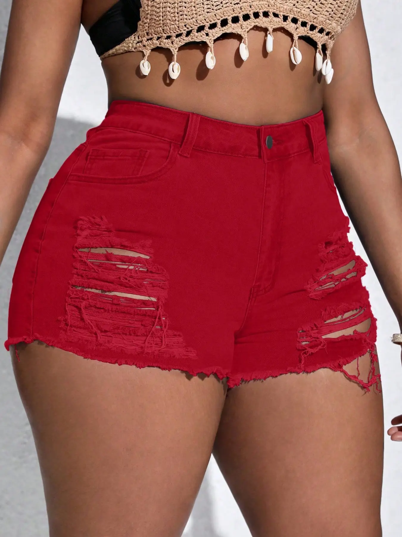 Plus Size Denim Hi Waist Cropped Skinny Ripped Jeans, Frayed Raw Hem, Sexy Tight-Fitting Jean Pants, Trendy Fashionable Women's Clothing, Comfortable & Stylish, Lady, High Waist Denim