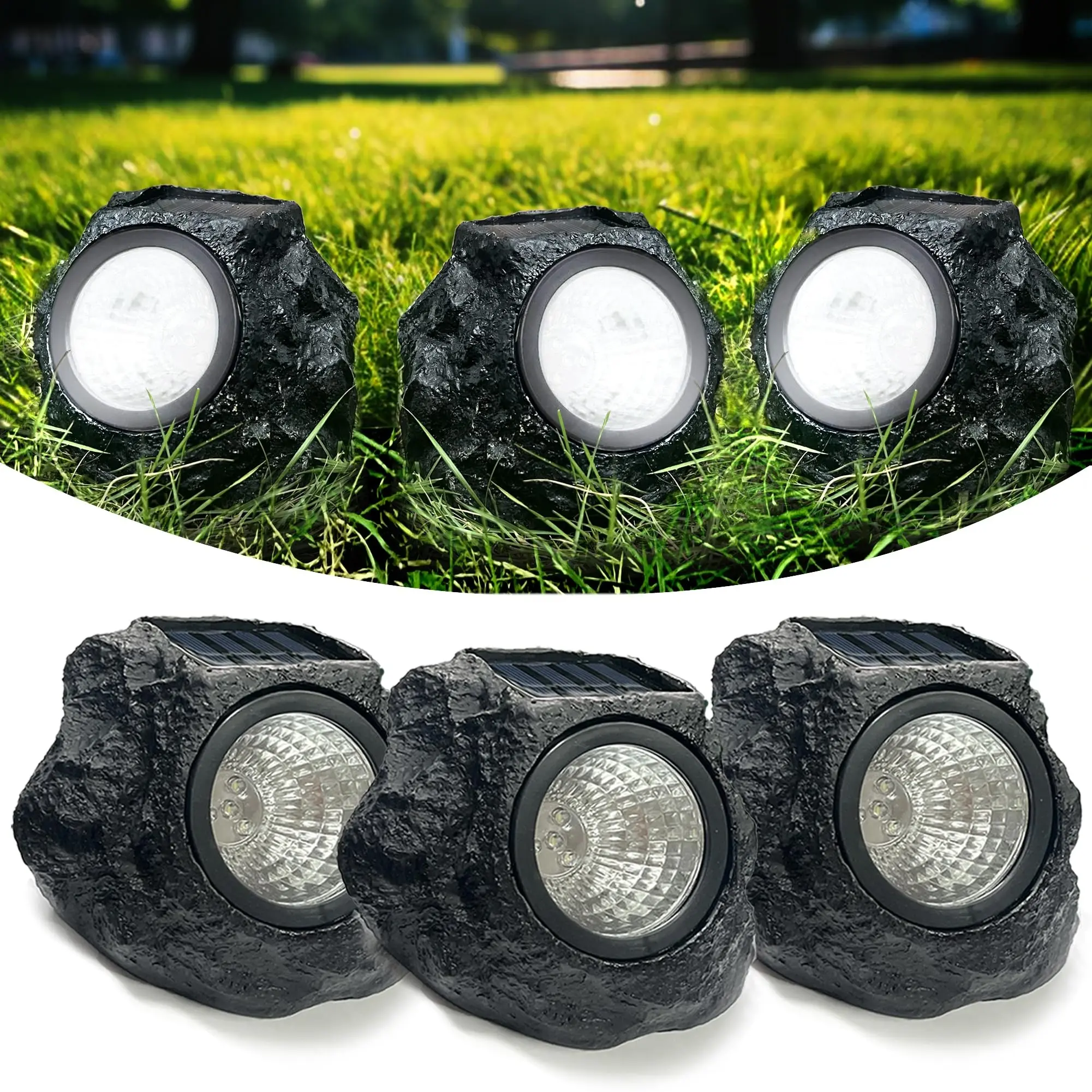 Solar Rock Landscape Lights, 3 Pack IP65 Waterproof with Auto On/Off & White LEDs, Fake Stone Solar Lights for Garden, Pathways, Outdoor Ground Lighting