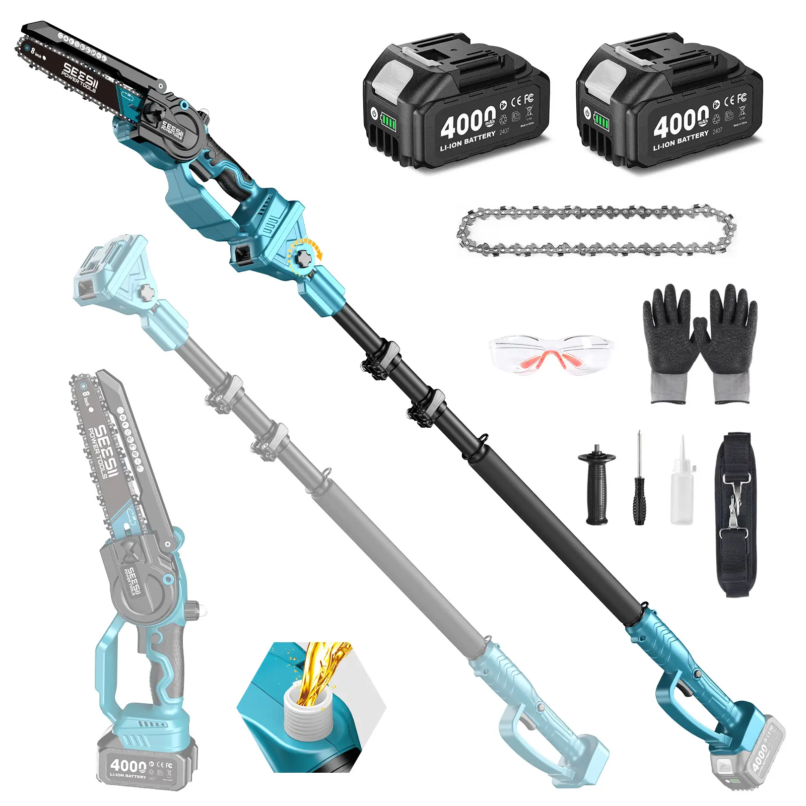 Only 8 Inch Pole Chainsaw(Oil System 2*21V Battery)