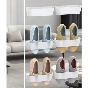 6-Pack Adhesive Hanging Shoe Organizer, Space-Saving Door Storage, Reusable Plastic Shoe Rack, White Wall-Mounted Shoe Holder, No Drilling Required, Compact Shoe Shelf for Closet