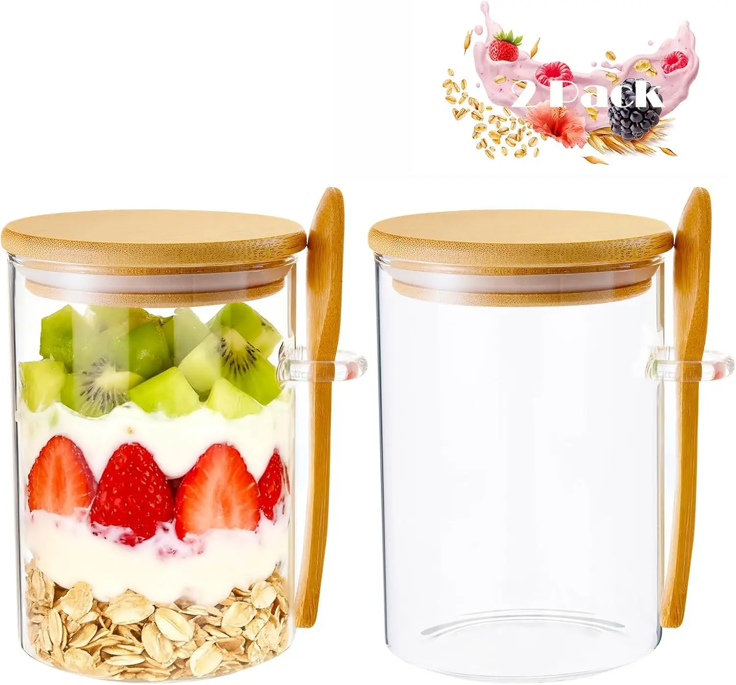 Overnight Oats Containers With Lids and Spoons, 2pack Glass Jars with Bamboo Lids, Leak-Proof Overnight Oats Jars for Cereal, Yogurt, Chia Pudding