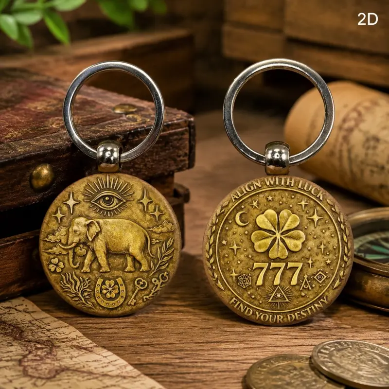 Vintage Wooden Lucky Keychain, Aesthetic Keychain, Elephant Clover 777 Lucky Symbol Pendant, 2D Replica Coin Bag Charm Car Key Ring, Car Key Chains, Keyring, Lucky Gift For Friends, Key Chain For Car Keys