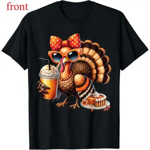 100% cotton Turkey Drinking Coffee Bow Thanksgiving Men Womens Turkey Day T-Shirt100%  cotton  graphic tees