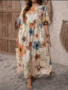 Boho Large Size Floral Print Dress, Summer Loose Short Sleeve Round Neck Long Dress, Vacation Style, Comfortable and Stylish