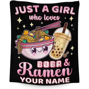 Personalized Ramen Throw Blanket - Cute Food Theme Custom Name Gift for Girls & Kids | Soft Black Flannel Blanket for Couch, Sofa & Bed