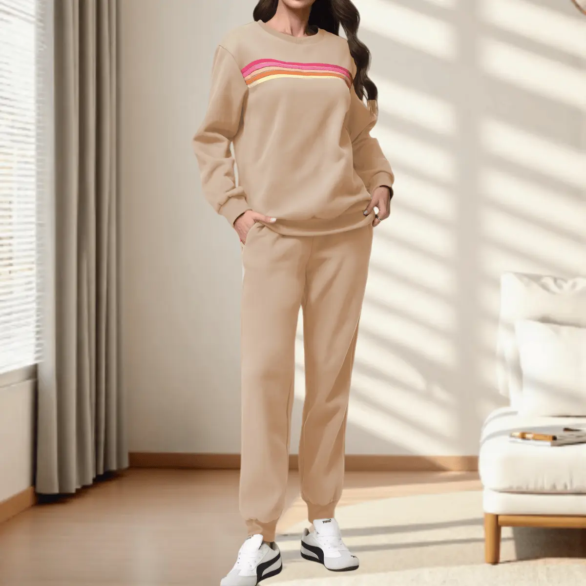 New Striped Hoodie Set | Fall Winter New Rainbow Stripe Loungewear Set  |  Women's Rainbow Striped 2-Piece Set casual sweatsuit sweat lounge comfortable fashion daily comfort pocket womenswear clothes shop black friday monday stylish overall strip accent