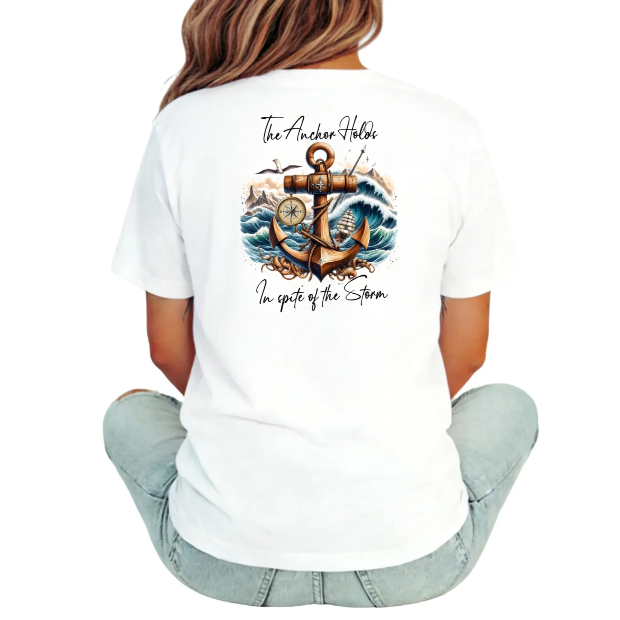 Oversized Crew Neck T Shirt With Back Print Featuring Vintage Anchor Compass Ocean Wave Illustration And The Anchor Holds In Spite Of The Storm Script Lettering Short Sleeve T Shirt For Faith Inspired Nautical Casual Outfit