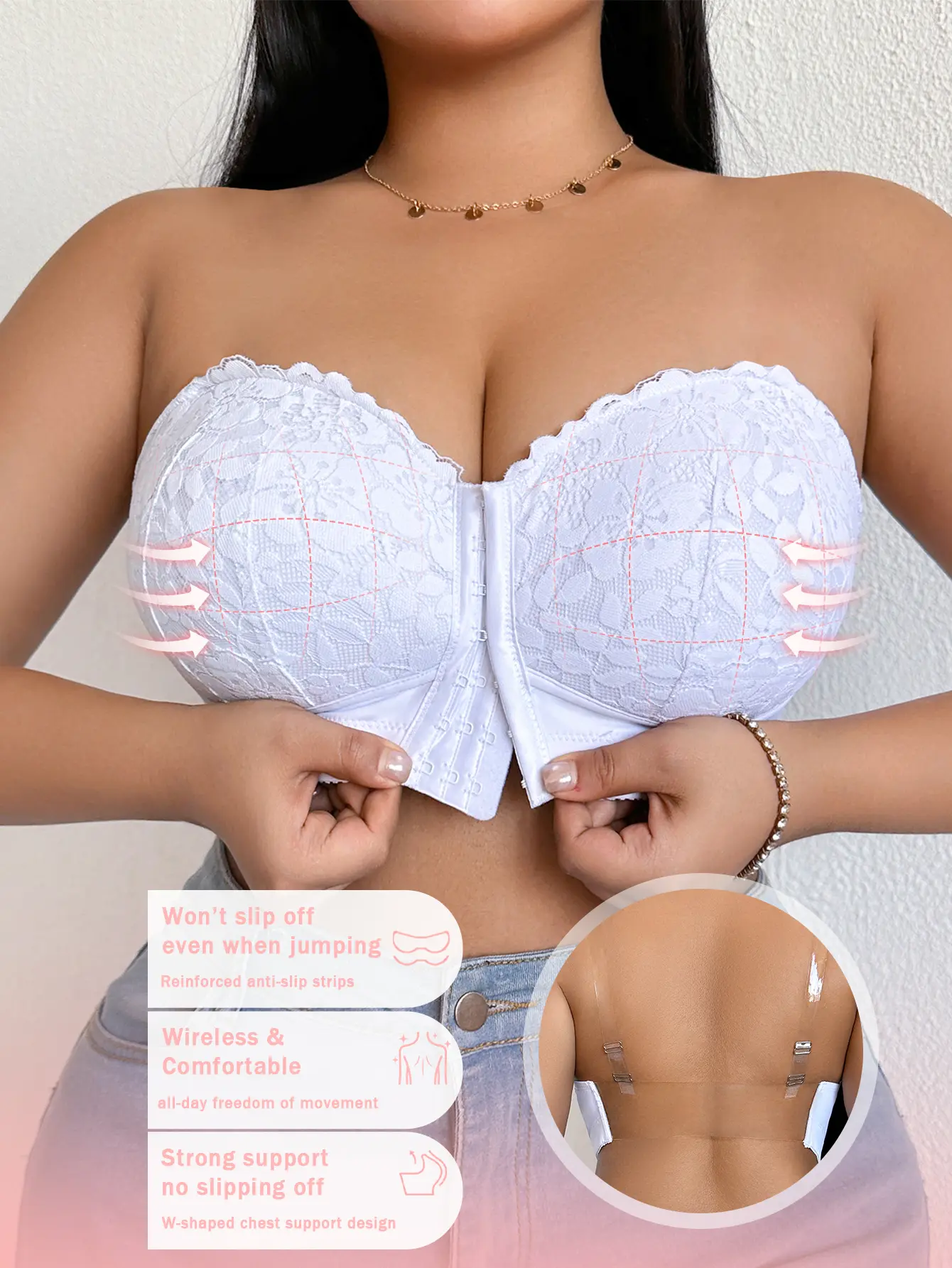 MImilemon Plus Size Front Closure strapless bra  Wireless Bra Minimizer Lace Bra  Anti-Slip W-Shaped Support Bridal Underwire Molded Adhesive Bra Inserts