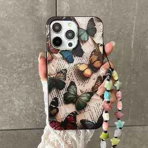 Vintage Butterfly Pattern Phone Case with Lanyard, Decorative Phone Protector Cover, Phone Accessories Compatible with iPhone 16 15 14 13 12 11 Pro Max