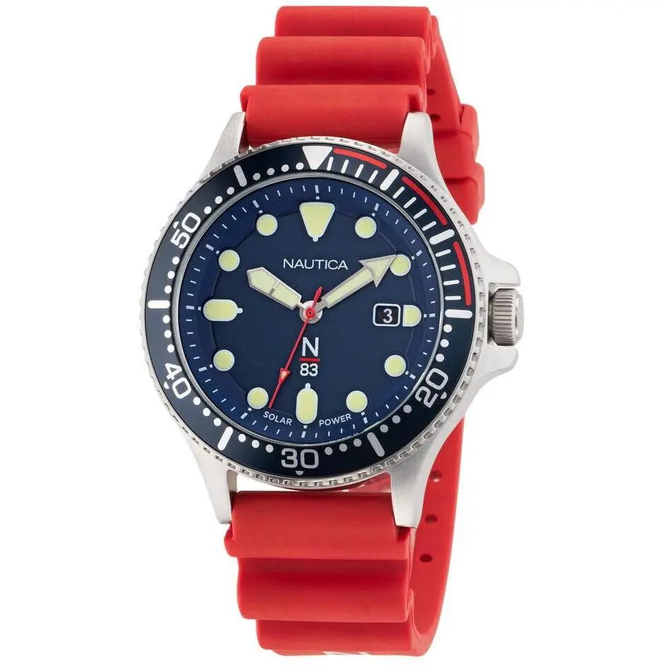 Nautica Wheat Quartz Men's Watch, Environmentally Conscious PU Fiber Case, 30M - 50M Water Resistance, Red PU Design, Model NAPCBS301, Round, Rubber, Silver, Sustainability