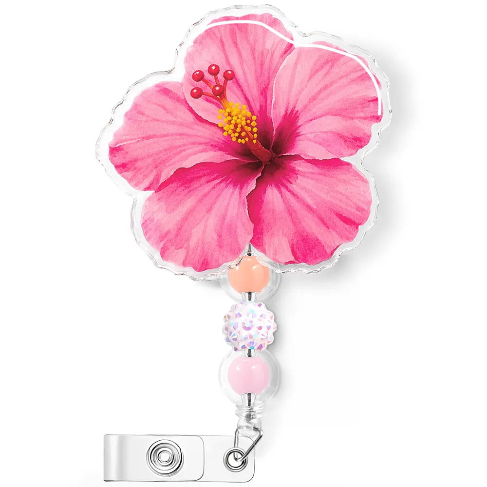 Plifal Cute Pink Hibiscus Flower Nurse Badge Reel Holder Clip | Floral Retractable ID Badge Holder with Beaded Charm Alligator Clip, for Nurse Women Healthcare Student Gifts Accessories