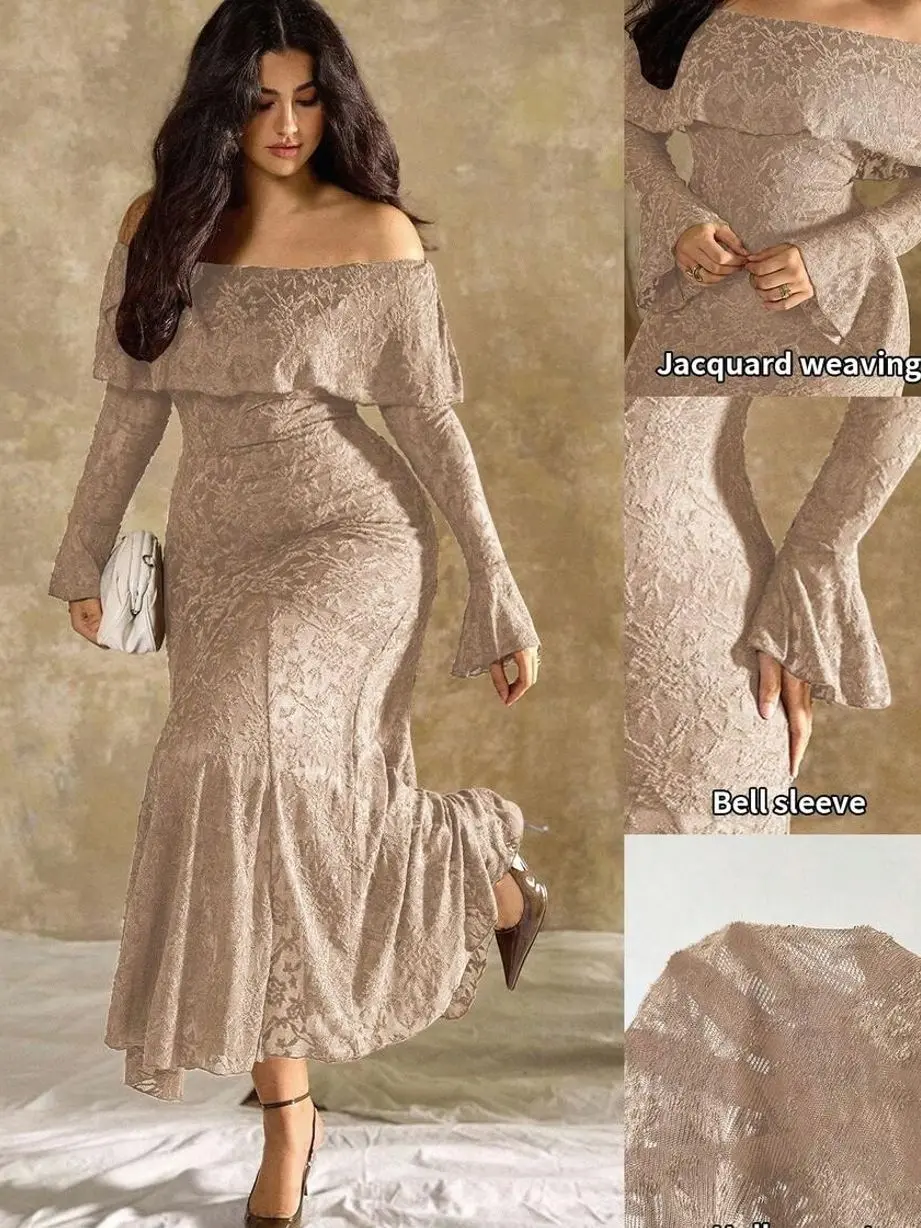 🌸 Plus Size Women's Peony Floral Dress Set, Elegant Off Shoulder Fishtail Dress For Weddings, Formal Events And Autumn Style.