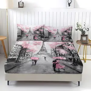 3-piece Set of Eiffel Tower Patterned Bed Sheets with Comfortable Printed Patterns, Including 1 Bed Sheet and 2 Pillowcases, Comfortable Bedding, Non Slip Dust Cover Suitable for Bedrooms and Guest Rooms, Suitable for Children and Adults As Gifts