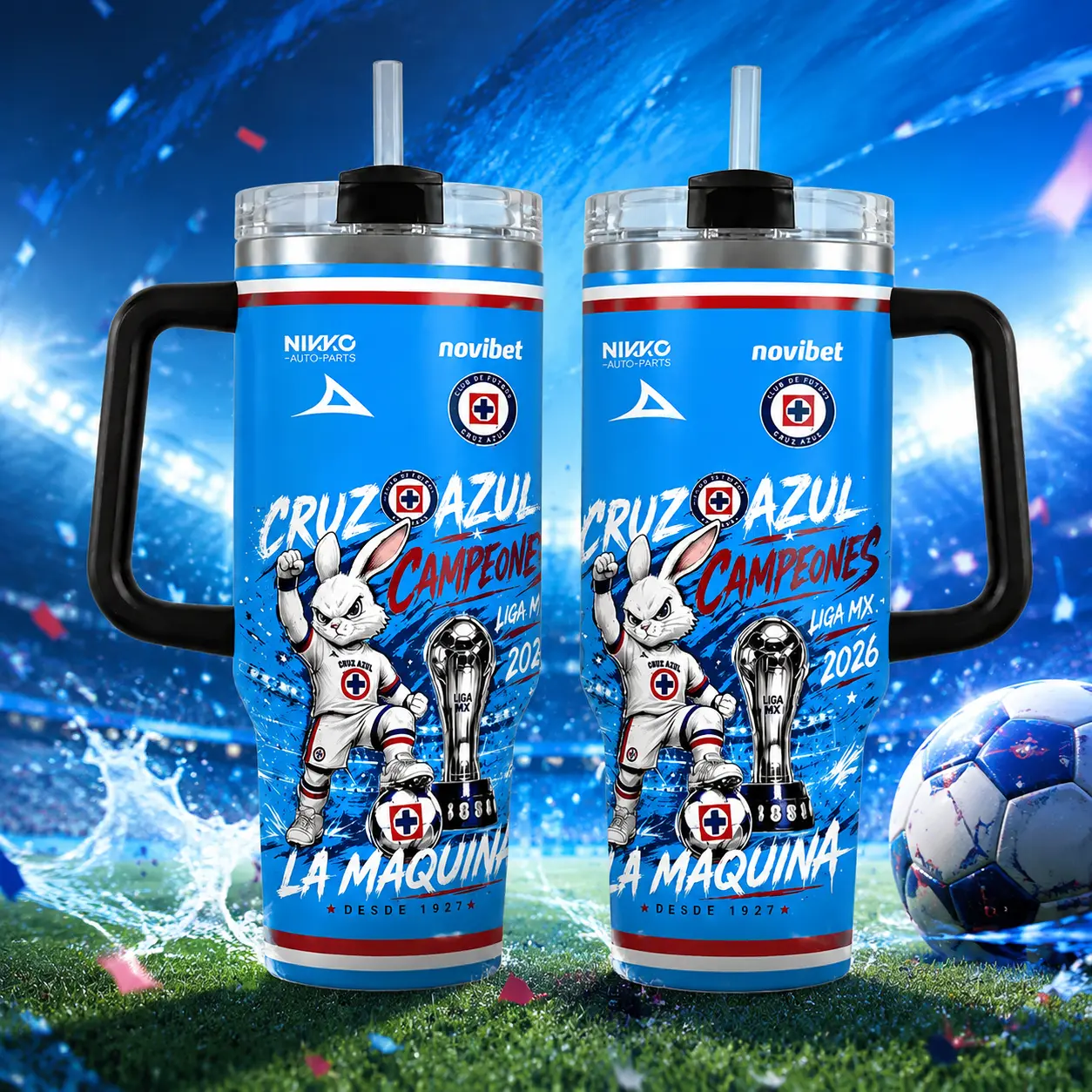 Cruz Azul Inspired Insulated Vacuum Flask Tumbler - 40oz/30oz La Máquina Liga MX 2026 Soccer Fan Cold Cup, Blue Champion Rabbit Mascot Leak Resistant Portable Drinkware, Mexican Football Game Day Gift (Straw Not Included), Insulated Tumbler, Cold Cup Tumb