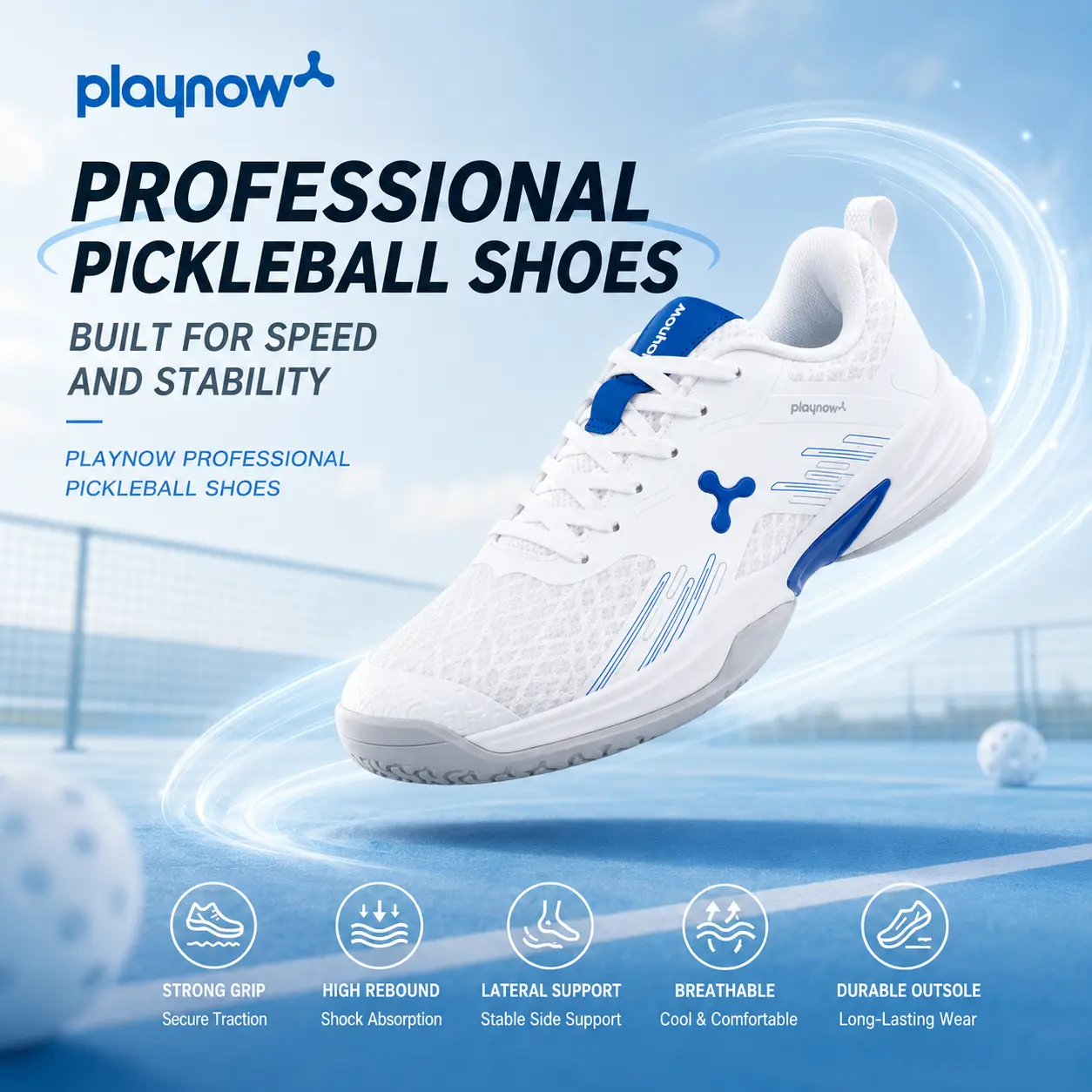 Playnow Professional Pickleball Shoes - White Blue, Sizes 39-45, Built for Speed and Stability, Strong Grip, High Rebound, Lateral Support, Breathable, Durable Outsole