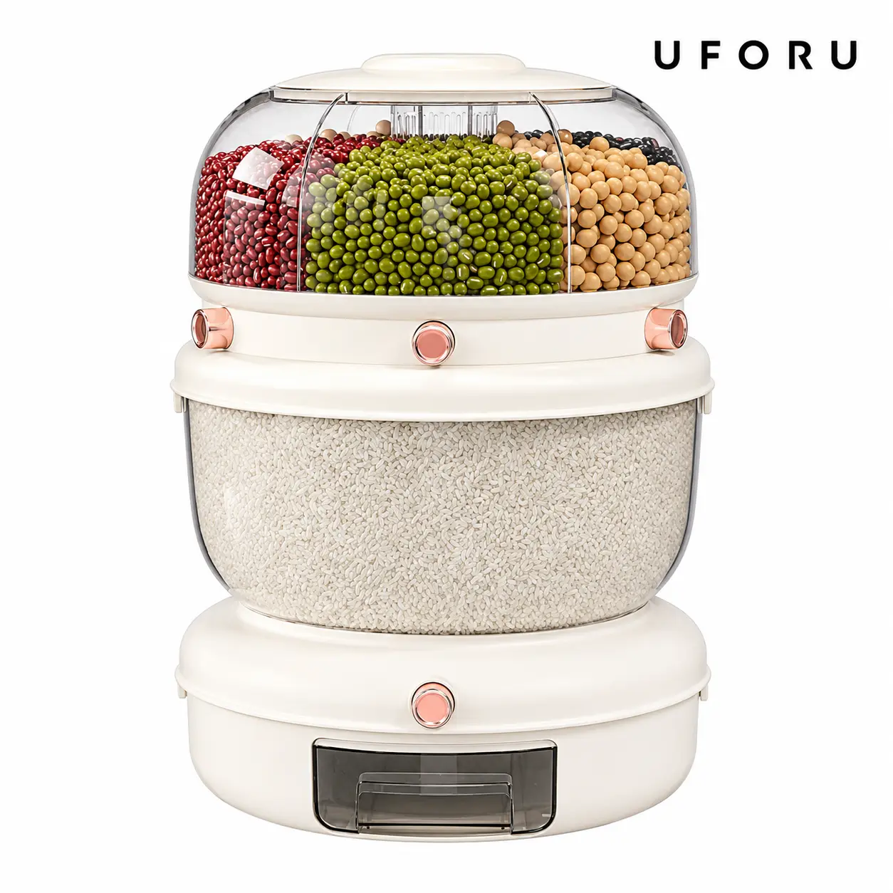 UFORU 360° Rotating Double Layer Airtight Sealed Container - 6-Compartment Grain Dispenser with Auto-Dispense, Pest-Moisture Proof, Eco-Friendly Kitchen Pantry Organizer for Rice, Cereal