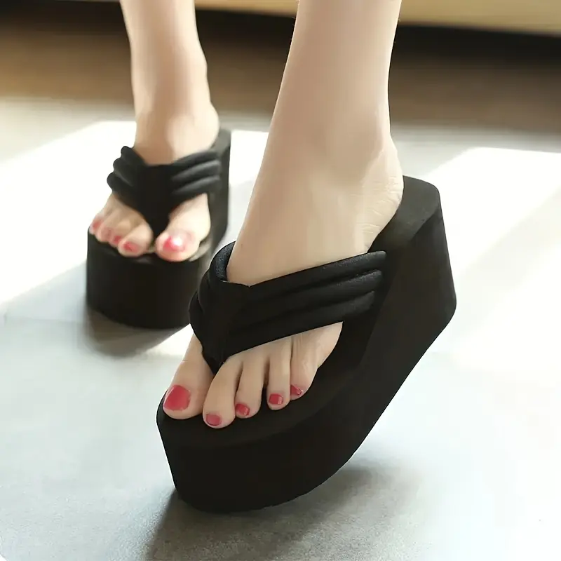 Women's Fashion Solid Color Platform Flip-Flops - Comfy EVA Sole, Slip-On High Heel Wedge Sandals for Summer Beach Walking Shoes Footwear Girl Flatform