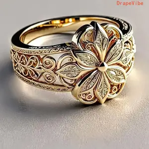 KC Gold Plated Wide Ring, Vintage Floral Carved Design, Handmade Statement Jewelry For Daily Wear And Formal Occasions